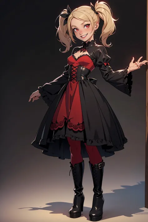 (perfect, masterpiece), very detailed, grin facial expression, vampire teeth, figure, full body view, small breasts, blonde hair with twintails, glowing red eyes, looking at viewer, black gothic lolita dress, black boots, vampire.