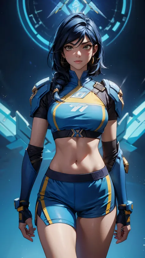 arafed woman in a blue and yellow outfit posing for a picture, sporty physique, pharah from overwatch, pharah, senna from league of legends, alexandra fomina artstation, sport bra and dark blue shorts, thick smooth warframe thighs, as seen on artstation, j...