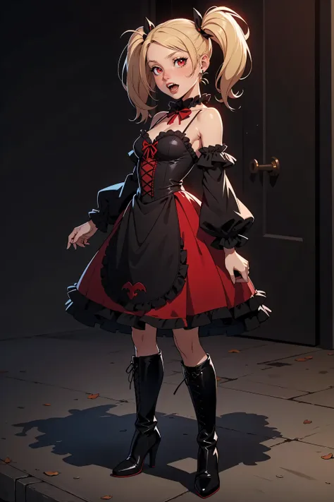 (perfect, masterpiece), very detailed, open mouth, confident facial expression, vampire teeth, figure, full body view, small breasts, blonde hair with twintails, glowing red eyes, looking at viewer, black gothic lolita dress, black boots, vampire.