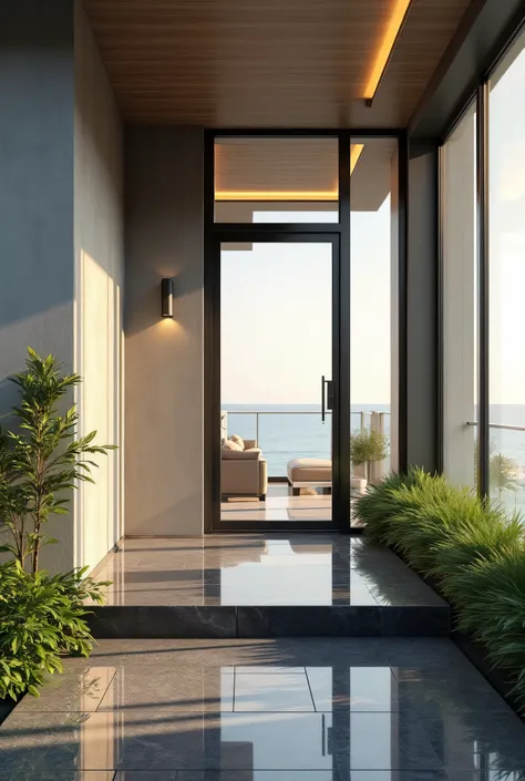 sunlight effect、Seaside modern commercial housing high-rise flat、家的入门口One side of the balcony、One side of the balcony、Large glass window on one side of the wall 、The sun shines directly on the gate、The entrance door is well-lit、Don't overlook the door、 sim...