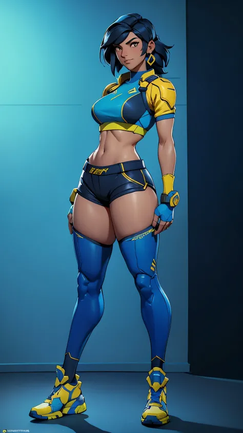 arafed woman in a blue and yellow outfit posing for a picture, sporty physique, pharah from overwatch, pharah, senna from league of legends, alexandra fomina artstation, sport bra and dark blue shorts, thick smooth warframe thighs, as seen on artstation, j...