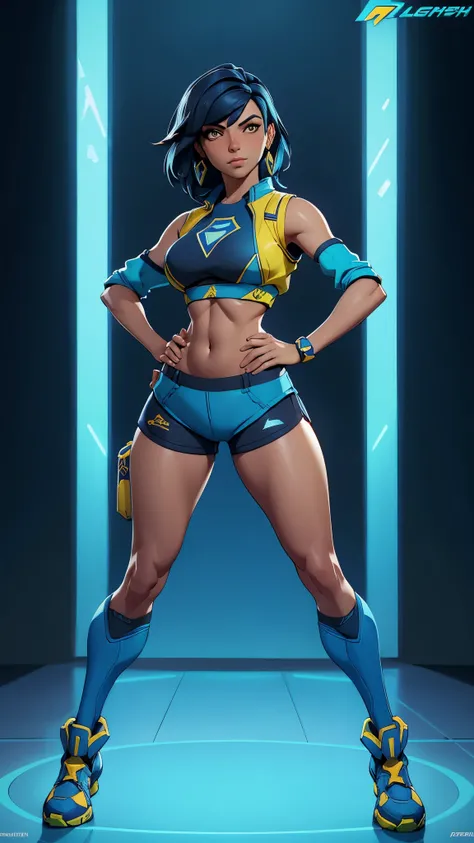 arafed woman in a blue and yellow outfit posing for a picture, sporty physique, pharah from overwatch, pharah, senna from league of legends, alexandra fomina artstation, sport bra and dark blue shorts, thick smooth warframe thighs, as seen on artstation, j...