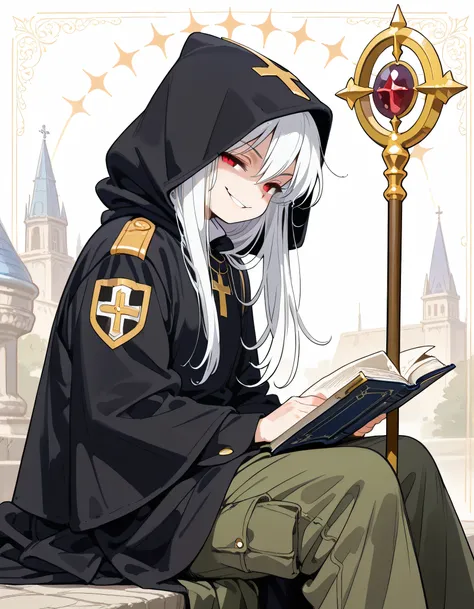 (sideview),sitting,solo,female,(evil smile),Change of heart, ((white:1.3 frizzy:1.3 curly long hair)), black hood parka cargo pants,hood up, pride,Pope's Clothes, Priest's Staff, Veteran Magic Book,A sinister atmosphere, fantastic world view, decadent, kal...