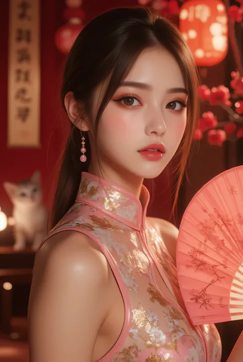Cat ears、 face up, attractive, pretty girl, ponytail、 (( fine facial features , eroticism)), dramatic lighting , realistic , 8k, Dramatic Shadows , intricate and elaborate patterns , super detailed photo , chiaroscuro lighting , Pleasant colors , deep cont...