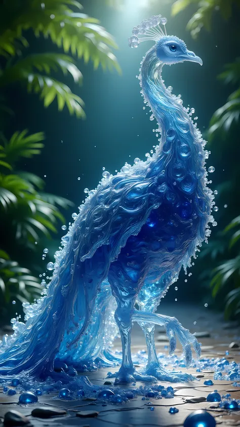 A breathtaking fusion of a peacock entirely made of radiant liquid sapphire. (Appearance: its flowing, translucent body shimmers with vivid blue hues and subtle silver reflections). (Details: each feather appears as a swirling stream of liquid sapphire, fo...