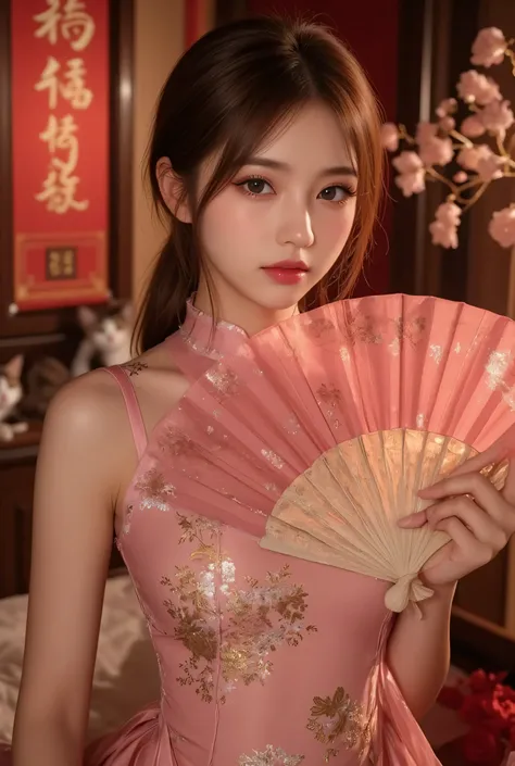 Cat ears、 face up, attractive, pretty girl, ponytail、 (( fine facial features , eroticism)), dramatic lighting , realistic , 8k, Dramatic Shadows , intricate and elaborate patterns , super detailed photo , chiaroscuro lighting , Pleasant colors , deep cont...