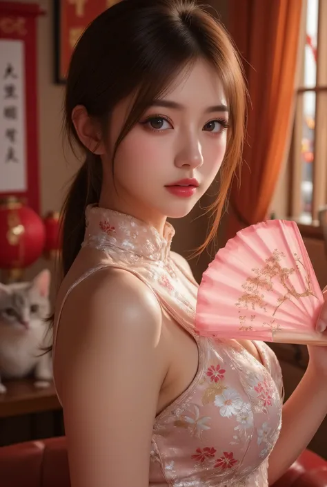 Cat ears、 face up, attractive, pretty girl, ponytail、 (( fine facial features , eroticism)), dramatic lighting , realistic , 8k, Dramatic Shadows , intricate and elaborate patterns , super detailed photo , chiaroscuro lighting , Pleasant colors , deep cont...