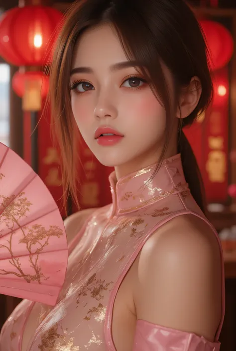 Cat ears、 face up, attractive, pretty girl, ponytail、 (( fine facial features , eroticism)), dramatic lighting , realistic , 8k, Dramatic Shadows , intricate and elaborate patterns , super detailed photo , chiaroscuro lighting , Pleasant colors , deep cont...