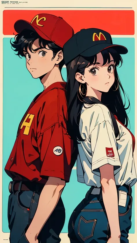 Best picture quality, 90s style animation, 21 year old boy and girl posing back to back, black hair, light brown eyes, McDonald's, wearing red and white uniform, red hat, 90s fashion, 90s style animation, black hair, white background, (magazine cover) retr...