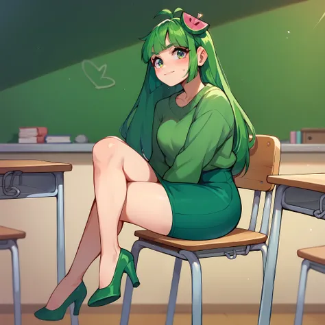 (masterpiece, best quality), 1girl, Vannamelon, indoors, classroom, seated, green eyes, green hair, long hair, green sweater, green skirt, highheels,
