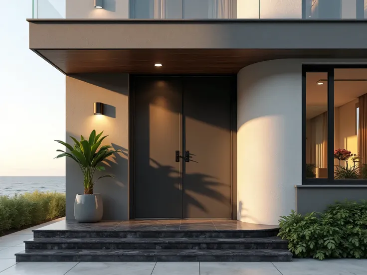 sunlight effect、Seaside modern commercial housing high-rise flat、家的入门口One side of the balcony、One side of the balcony、Large glass window on one side of the wall 、There is a glass window on the outside of the wall、The sun shines directly on the gate、The ent...