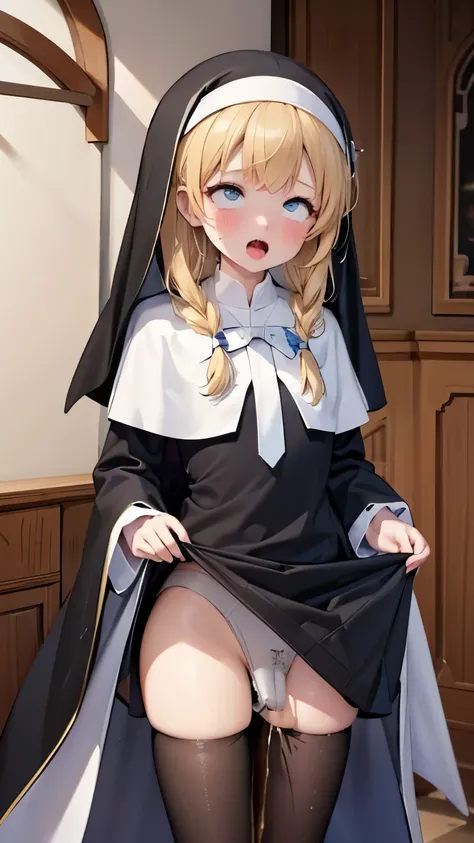 Masterpiece, best quality, 16k, anime source, 1girl, brond hair, long hair, blue eyes, (nun, habit:1.2), (white capelet, neck ribbon), (black dress:1.2), long sleeves, white gloves, full-length zipper, (black pantyhose), (dildo under panties), (skirt lift:...