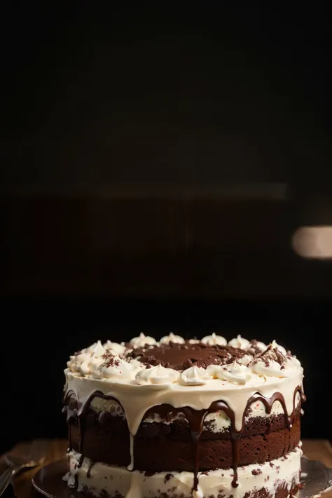 cinematic film still chocolate, chocolate cake, dark background, quality photo, moist texture, frosting, studio photo, slice . shallow depth of field, vignette, highly detailed, high budget, bokeh, cinemascope, moody, epic, gorgeous, film grain, grainy