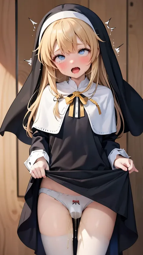 Masterpiece, best quality, 16k, anime source, 1girl, brond hair, long hair, blue eyes, heart shaped pupil, (nun, habit:1.2), (white capelet, neck ribbon), (black dress:1.2), long sleeves, white gloves, full-length zipper, (black pantyhose:1.2), (dildo unde...