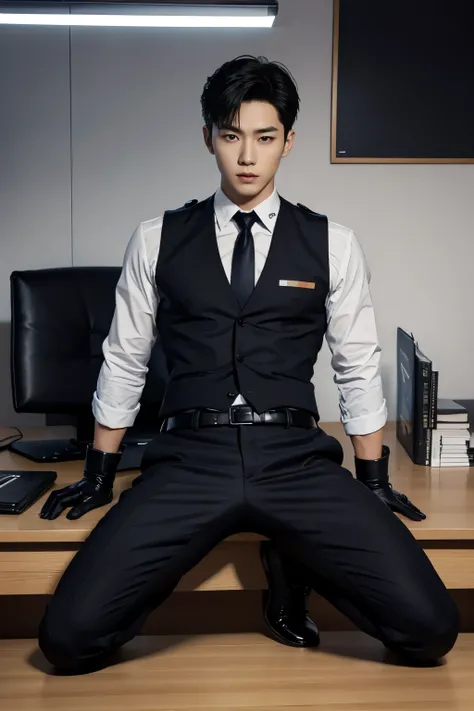 full body shot,A slim muscular, Handsome Korean boy idol is wearing a police uniform with a tie and black leather gloves. lay down Showing abs,  in office desk. sexy.try to rape.realistic high quality


