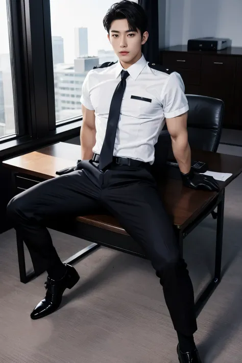 full body shot,A slim muscular, Handsome Korean boy idol is wearing a police uniform with a tie and black leather gloves. lay down Showing abs,  in office desk. sexy.try to rape.realistic high quality


