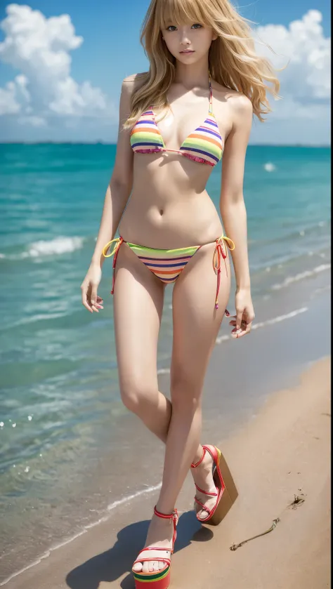  full body shot 、Outdoors、 Masterpiece、 top quality、 Hi-Res、 by Nomi、1 woman in front 、 1 man in the distance 、( bikini gal walking alone on the beach and man in swimsuit peeking out from afar)、(Okinawan sands without rocky areas )、 beautiful 18-year-old g...