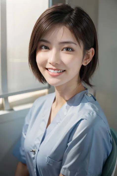 (( Masterpiece)), (( top quality)), , reality,  Hi-Res,  super detailed, 2 women,Dental hygienist, 30th Generation,  delicate facial features,  short hair, smile, Dental Clinic, (( Indirect Lighting)),  upper body,Wear a medical scrub