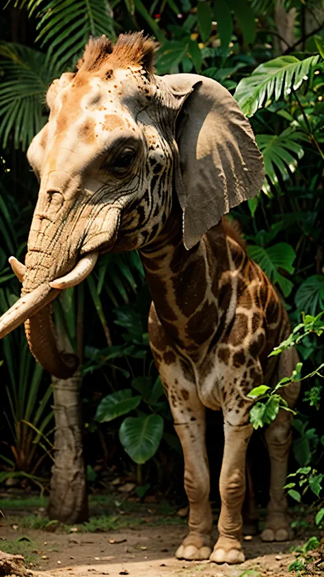 Create an image of an elephant animal facing a giraffe against a tropical rainforest background