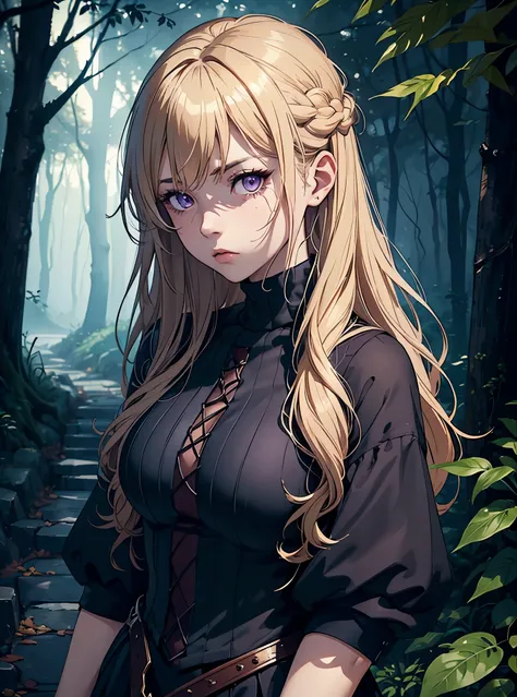 ((DARK FANTASY COLORING, DARK COLOR PALETTE, SORROW LIGHTING, 8K DETAIL QUALITY))
((masterpiece, best quality)), (1girl, anime girl in the woods, rocky, a path, falling leaf),(mature, fair skin), (solo), (female focus, purple eyes girl, disgusted face), (b...