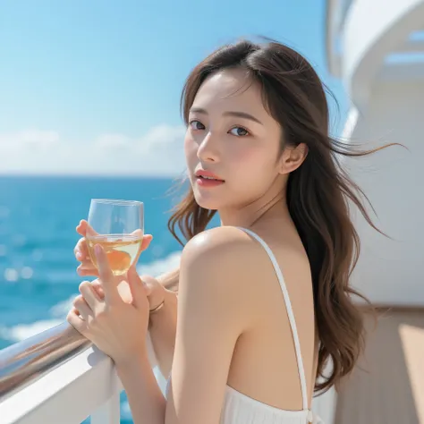 A charming 20-something cute sexy Japanese person enjoying a luxurious moment on the deck of a grand cruise ship under a clear blue sky, captured in an intimate close-up shot. Their elegantly styled yet revealing outfit highlights their allure, with sun-ki...