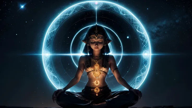 Image of someone meditating, or spiritual symbols related to the theme (Eye of Horus, Chakras, cosmic lights