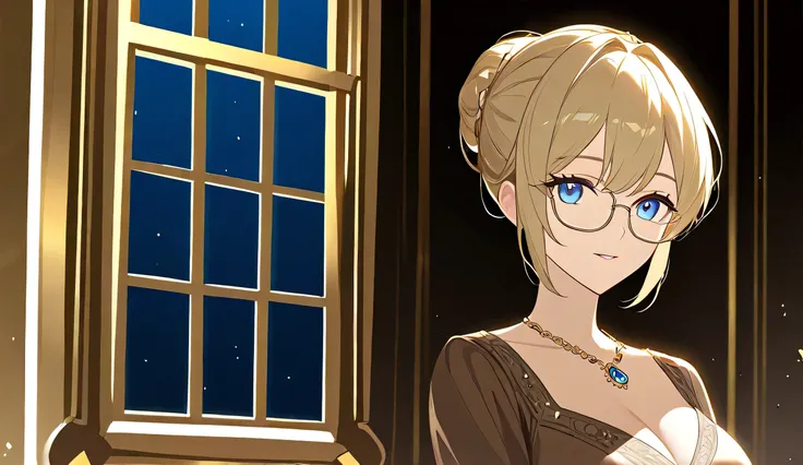 A stunning anime-style female character with blonde hair tied in an elegant bun, wearing thin gold-rimmed glasses. She has captivating blue eyes and a confident, slightly teasing expression. Dressed in a sophisticated, form-fitting brown blouse with a deep...