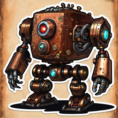 Steampunk golem, large, steampunk, robot, intimidating, cute stickers, red core, red sensor for eyes at core, rusted, copper, Powerful arms