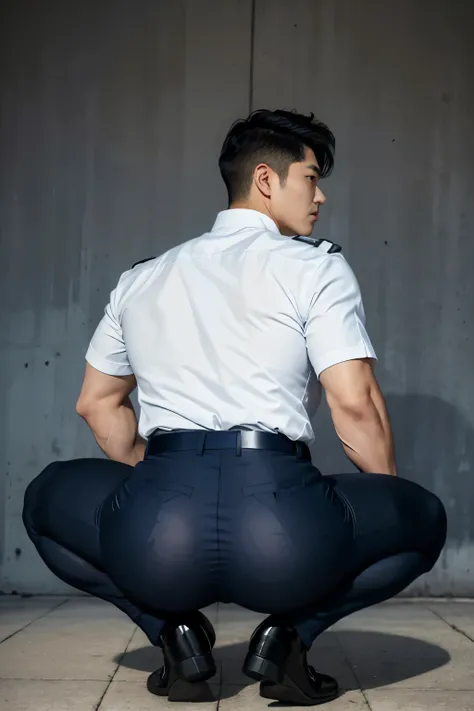 40 year old boy ,Corpulent Korean officer , He wears a navy blue police uniform shirt ................ Unrealistic super mega large tight dark blue tight butt pants ,  Transparent pants with obvious underwear print ,(( super large tight back wearing pants ...