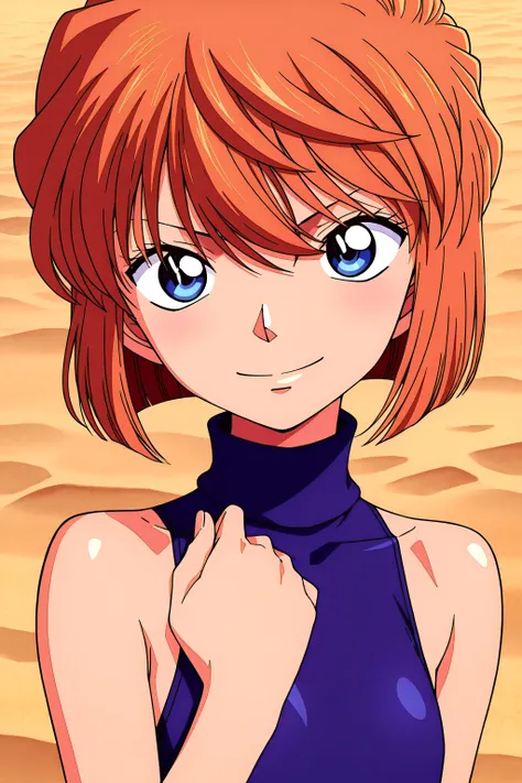 front view,
1girl,upper body,looking at viewer, lady,smile,
Best quality,masterpiece,soft light,official art,high quality,highres,absurdres,epic scene,natural textures,haibara ai,short hair,brown hair,blue eyes,hair between eyes,female , sapphire blue turt...