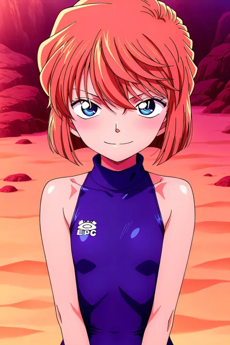 front view,
1girl,upper body,looking at viewer, lady,smile,
Best quality,masterpiece,soft light,official art,high quality,highres,absurdres,epic scene,natural textures,haibara ai,short hair,brown hair,blue eyes,hair between eyes,female , sapphire blue turt...