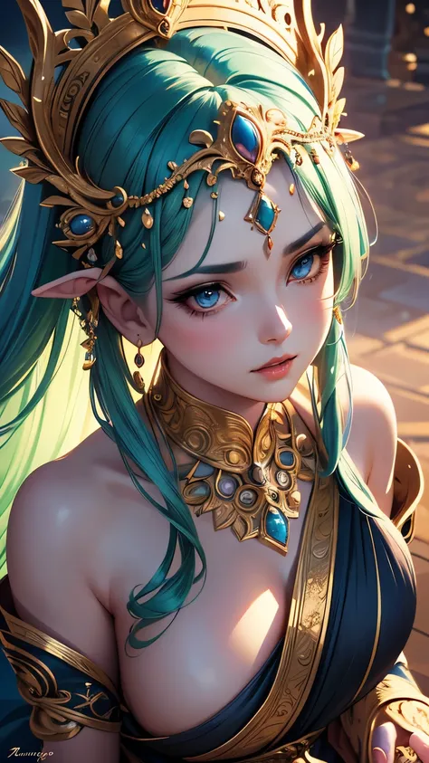 Mysterious goddess, woman in her 20s, beautiful large detailed eyes, beautiful detailed lips, mysterious and graceful pose, floating in a surrealistic landscape, glowing aura, ornate headdress, flowing robes, dramatic lighting, vibrant colors, (top quality...