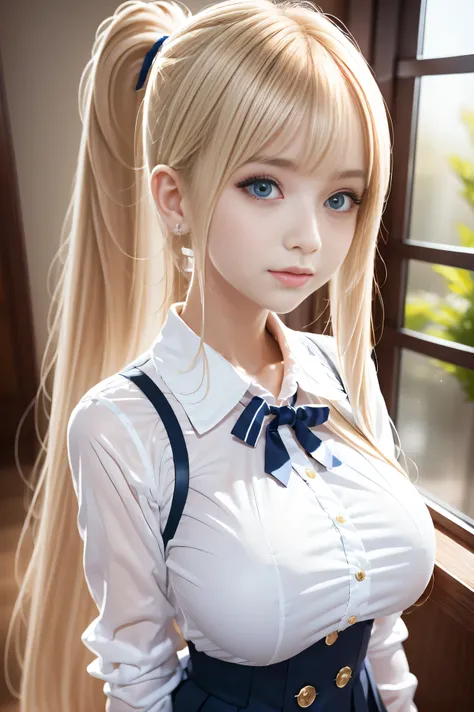 portrait, School uniforms, bright expression, Ponytail, young and shiny white skin, Best Looks, Gold reflects light, Platinum blonde hair, Shine brightly, Shiny light hair, Super long silky straight hair, Beautiful bangs that shine, Big blue eyes sparkling...