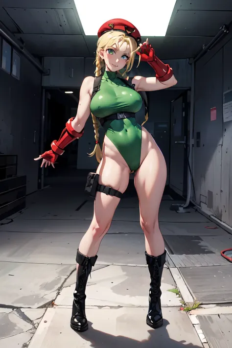  Cammy Whites FXL, ,  blue eyes,  blond hair with shoulder-length,  long hair ,  double blade  ,  antenna hair,  camouflage , Red Beret ,  big boobs,  shoulder out ,  Green Dress , Black harness,  red gloves , Fingerless gloves ,  black boots,  alone,  ful...