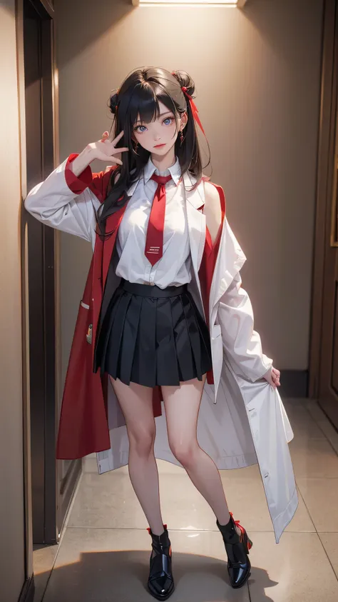 masterpiece, high resolution, beautiful woman, Korean Beauty, 30 years old, (collared shirt, black skirt, vest, red necktie, labcoat, (white labcoat:1.2), brown vest:1.2), (Black hair, twin bun),  (Red inner hair), beautiful woman, smile face,  looking at ...