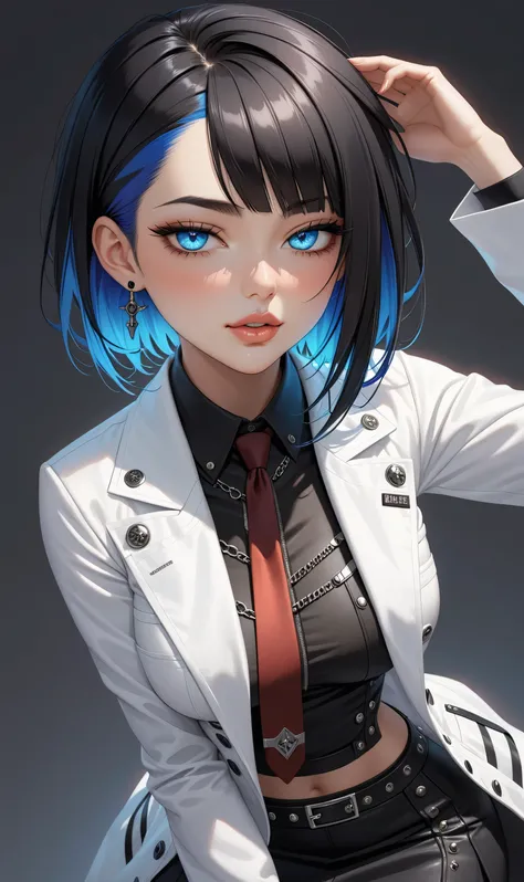 ((Random porn pose)), (Cute girl), ((Ultra detailing)), (very aesthetic, best quality, ultra detailed), intricate details, 1girl, Black hair, short hair, punk hair, (Random hairstyle), Blue inner hair  ,,((Detailed eyes)), ((Beautiful eyes)), ((prefect eye...