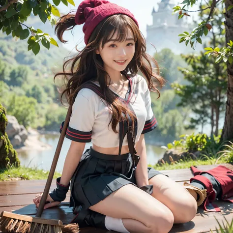 Female,Real people,v-neck,crop top,real photo,High school uniforms,Knitted hat,cute,smile,micro mini skirt,,Sitting,Brown wavy hair,Japanese people	,Sweeping the ground with a broom,,	,Castle on mountain, fog, deep forest,
