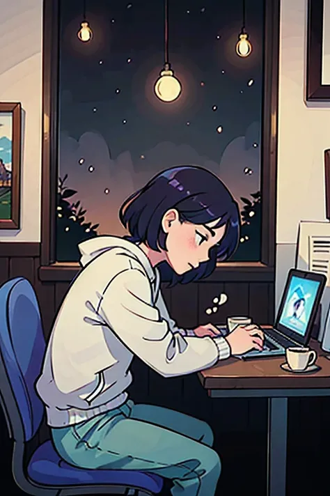 Anime scene of a man sleeping at a table with a laptop, praise art,  lo-fi illustration style ,  relaxing art concept ,  in a coffee shop, praise feel, inspired by Atey Ghailan , praise artstyle, , in the style of atey ghailan, Snow day,  cozy atmosphere ,...