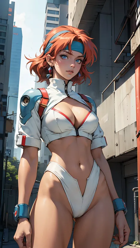 ((Masterpiece, highest quality; 1.3)), super quality, beautiful detail, super detailed, extra fine, 16K, exquisite, absurd, high resolution, beautiful background, detailed background, beautiful eyes, beautiful skin, anime style, Kay from Dirty Pair in a wh...