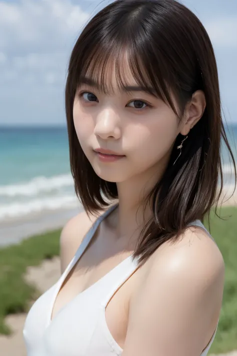  photos、's greatest masterpiece、 top quality、 Hi-Res、A beautiful Japanese woman is standing at the edge of the waves on a summer beach、I can see the horizon、（white tight see-through blouse、 sleeveless）、( big breasts:1.3)、Soft breasts、( cleavage)、 cute乳首、 s...