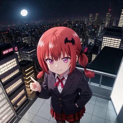  roof of the tallest building in Tokyo ..、
You can look down at the buildings in the city 

Night time : Nocturnal under the beautiful moonlight
with a thick fog 
Standing 
Satanichia McDowell beautiful little face 
Showing her beautiful smile 
View from a...