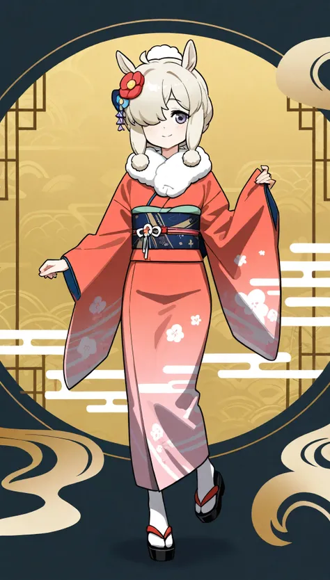 alpaca girl,Age 10,Slender,Full Body,kimono