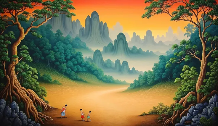 Mural Thai painting. Thai Art. portrait of an empty land filled and swirling dust, has dense Thai rainforest and mountains as a background. scary atmosphere.