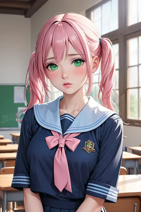 (masterpiece,  best quality, 8k,  high definition), whole body, 1 woman, pink pigtails, mid-chest, soft green eyes, soft lips, pale skin, beautiful face, wearing a blue schoolgirl uniform, natural light, detailed background, Detailed Illustration Art, shy,...