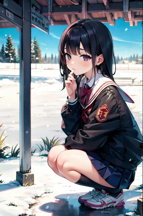 ((top quality)), (masterpiece), (detail), (detail), (1 girl), little elementary school girl, white shirt, black hanging skirt, pleated skirt, raised skirt, no panties, squatting down, white high socks, sneaker, schoolyard, urinating, white breath, winter c...