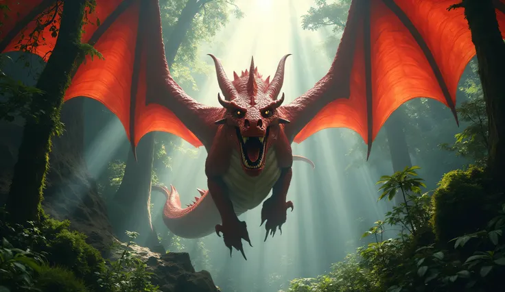 A red drgon on jungle and remember full picture realistic and 4k quality and shiny and cinematic and dark 