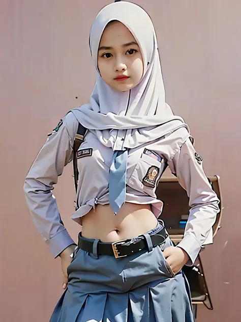 School girl gen z wearing hijab, thin face, shirt slightly exposes belly navel, small hip, low waist buckle belt, hands on hips, High Resolution, Accurate, Anatomically Correct, Soft light, Best Quality, UHD, Super Detailed, simple background