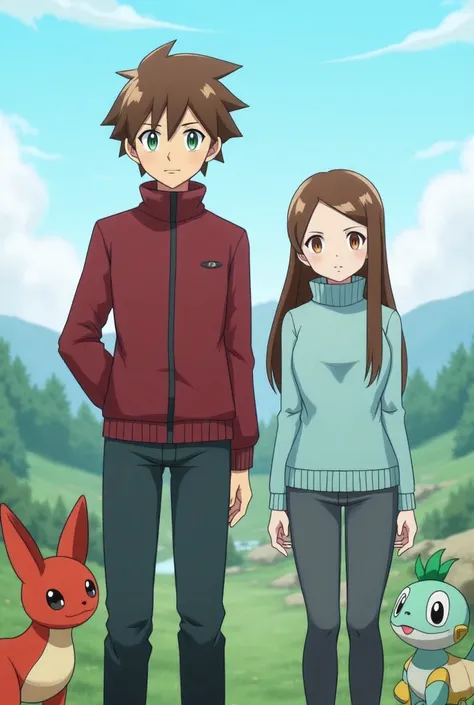 An image with a landscape background. In the foreground there are two people standing in full body, looking forward. On the left is a tall boy with brown hair and green eyes wearing a wine red zip-up sweater. Behind him is a pokemon called Sceptile. To the...