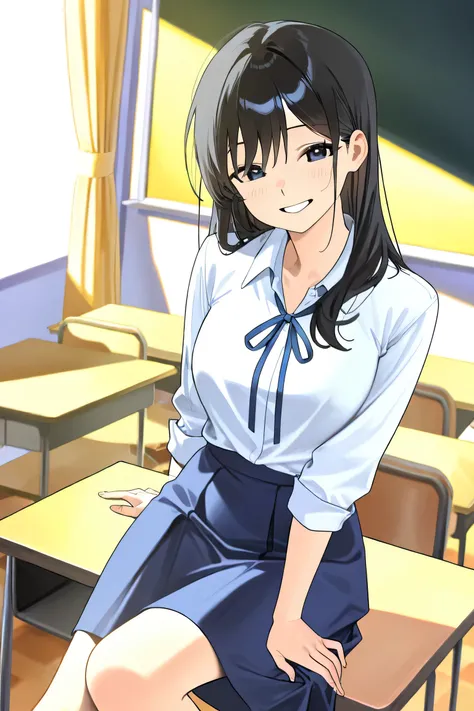  She's 168 tall, long black hair, untied . She has a mature and pretty face. .A white shirt, a blue ribbon, and a navy blue skirt. The classroom is in the background. I wake up smiling and watching the viewer