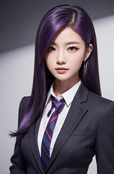 Business portrait of a person with classic side part hair、 purple hair、Wear a sharp suit and tie、 confident posture 、 studio lighting 、 high quality images、 ai model 